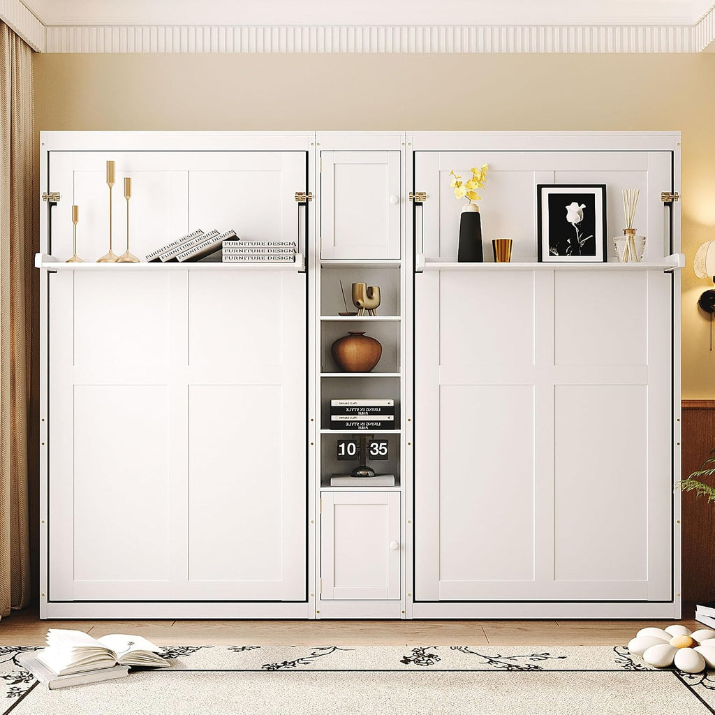 Dual Twin Murphy Bed with Cabinets and Shelves, Space Saving Wall Bed with Storage, Foldable Twin Beds with Convertible Shelf Legs for Guest Room, Small Space, White