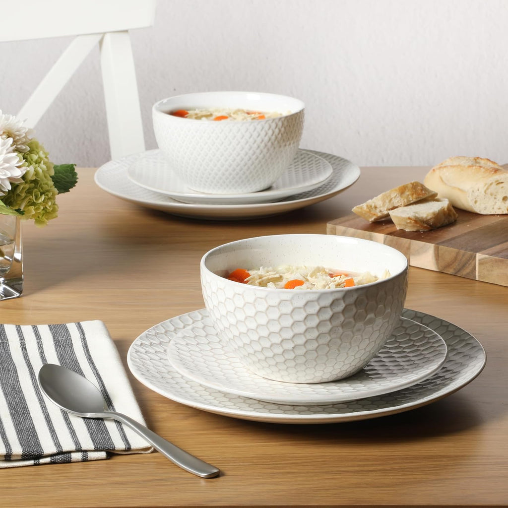 Oyster Tide Embossed 12 Piece (Service for 4) Plates and Bowls Reactive Glaze Round Dishes Stoneware Ceramic