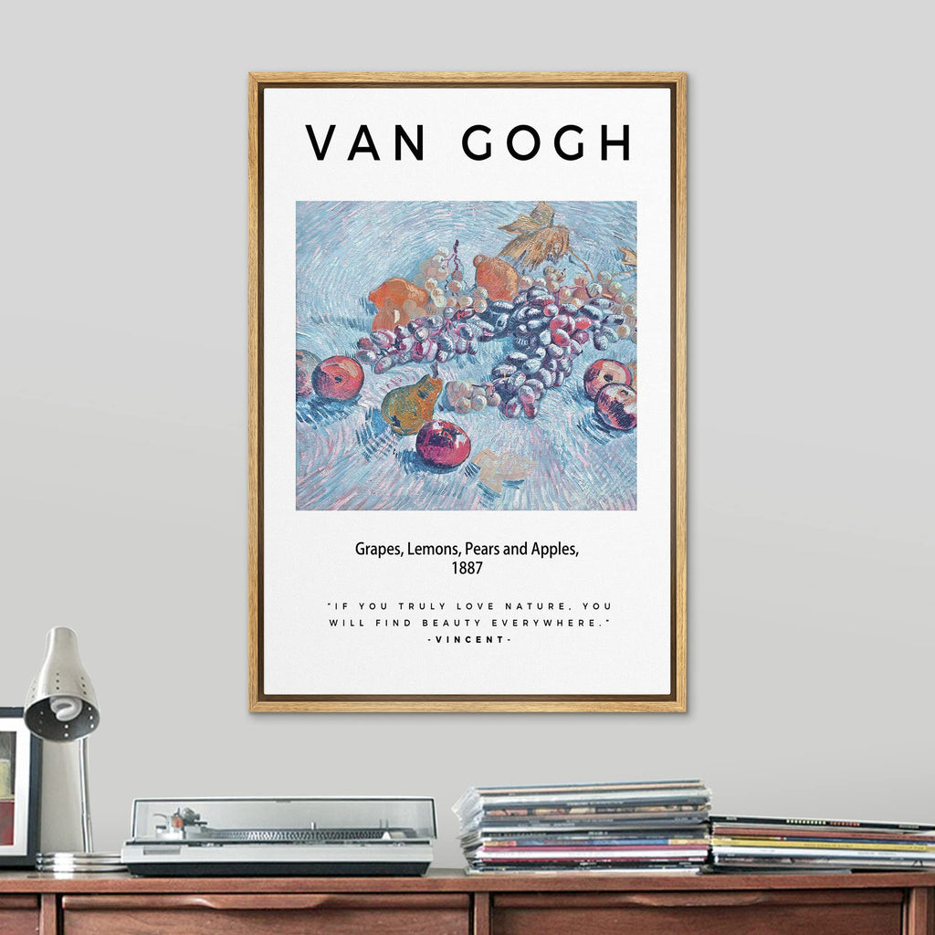 Framed Canvas Print Wall Art Grapes, Lemons, Pears and Apples Van Gogh Botanical Brushstroke Illustrations Fine Art
