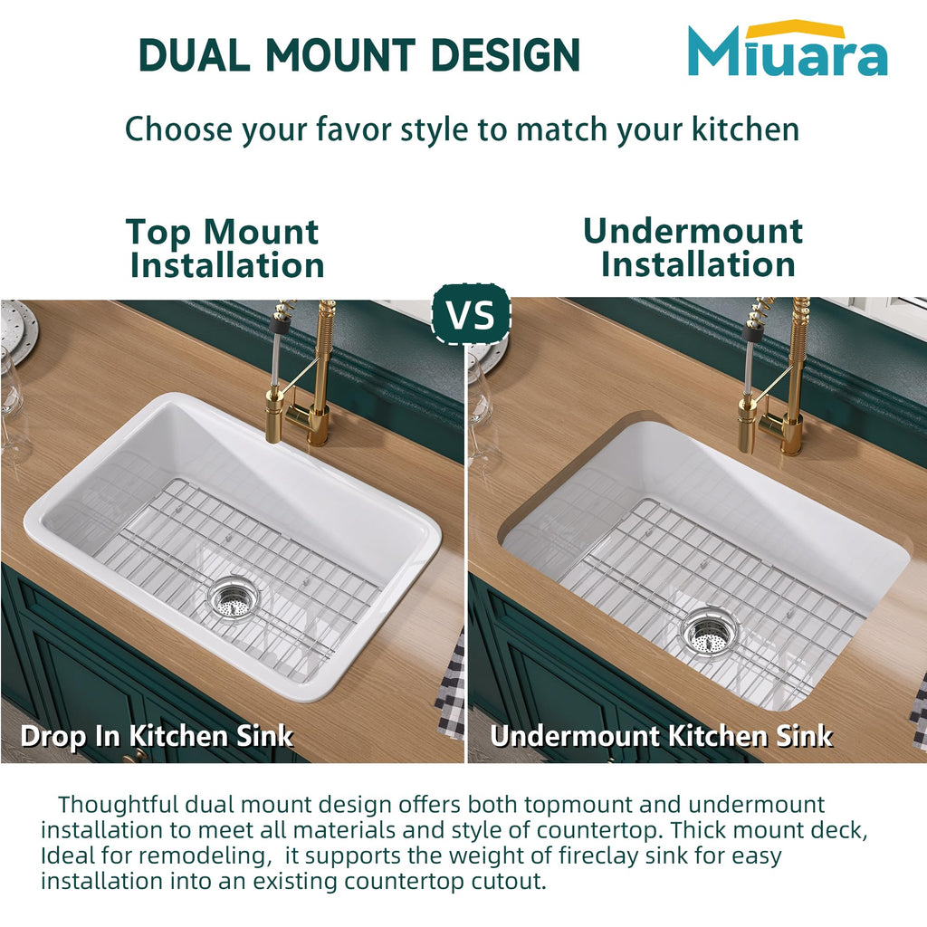 27 x 19 Inch Undermount or Drop In Fireclay Kitchen Sink White
