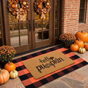 2Pcs Fall Door Mat Combo Set, Coir Buffalo Plaid Rugs Non Slip