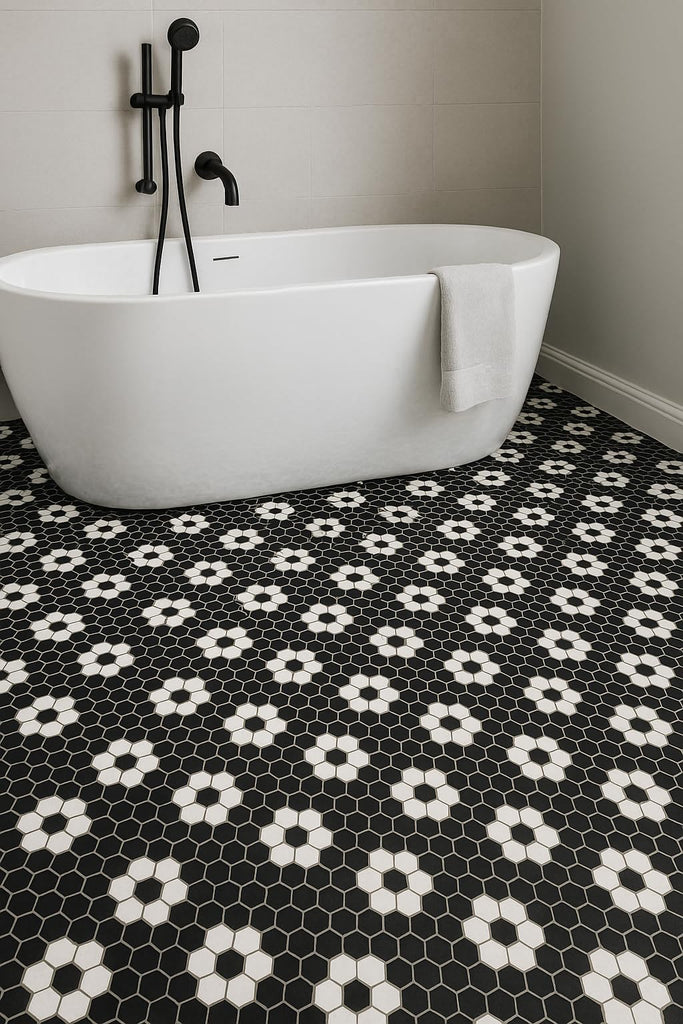 Classic Black & White Hexagon Flower Porcelain Mosaic Tile - 1x1 Floral Hex Pattern for Floor, Shower & Backsplash