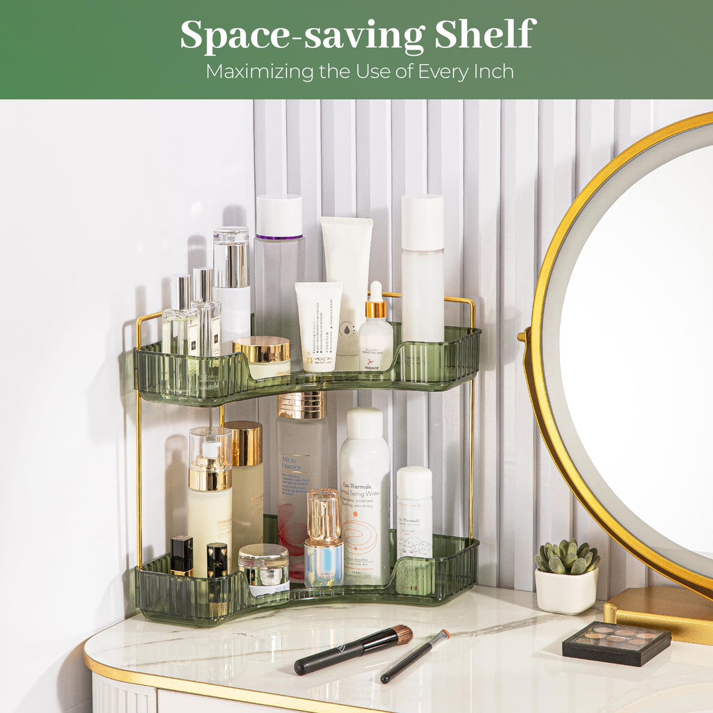 Corner Bathroom Organizer, 2 Tier Makeup Shelf Green