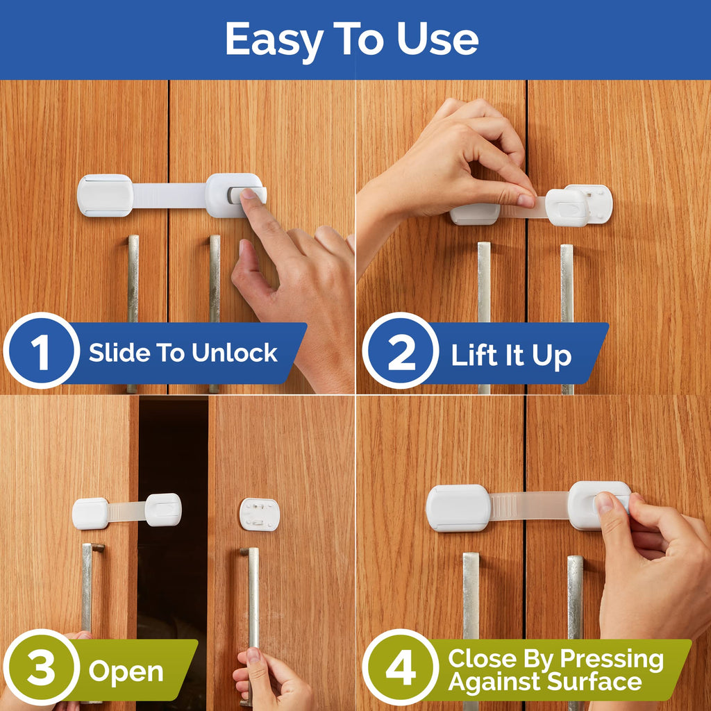 Child Safety Strap Locks (10 Pack) Baby Locks for Cabinets and Drawers, Toilet, Fridge & More. 3M Adhesive Pads. Easy