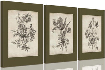 Vintage Botanical Wall Art Set of 3, Olive Green Floral Canvas Prints, Antique Flower Illustrations Bedroom Bathroom