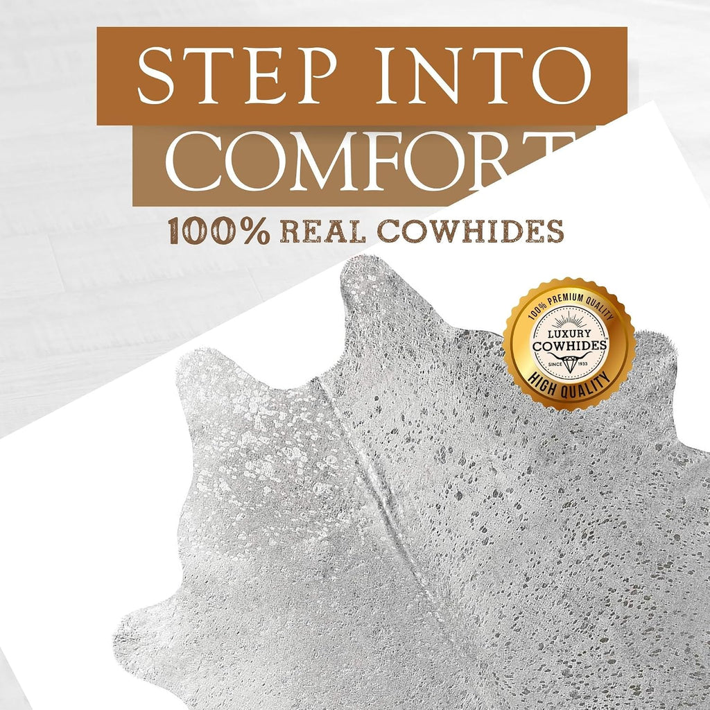 100% Genuine Metallic Silver On Off White Cowhide Rug - Modern Style Animal Skin Rug & Floor Carpet & More - Extra