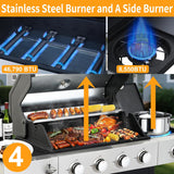 4-Burner Propane Gas Grill with Side Burner, 46,890 BTU Stainless Steel BBQ Grill with Enameled Cast Iron Grates and Side Table for Patio and Backyard