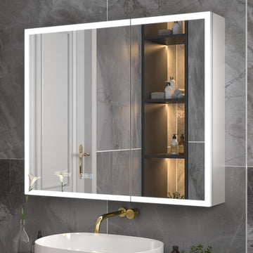 36"x30" Lighted Medicine Cabinet, Recessed/Surface LED Mirror Cabinet with Clock & Temp Display, Defog, Stepless