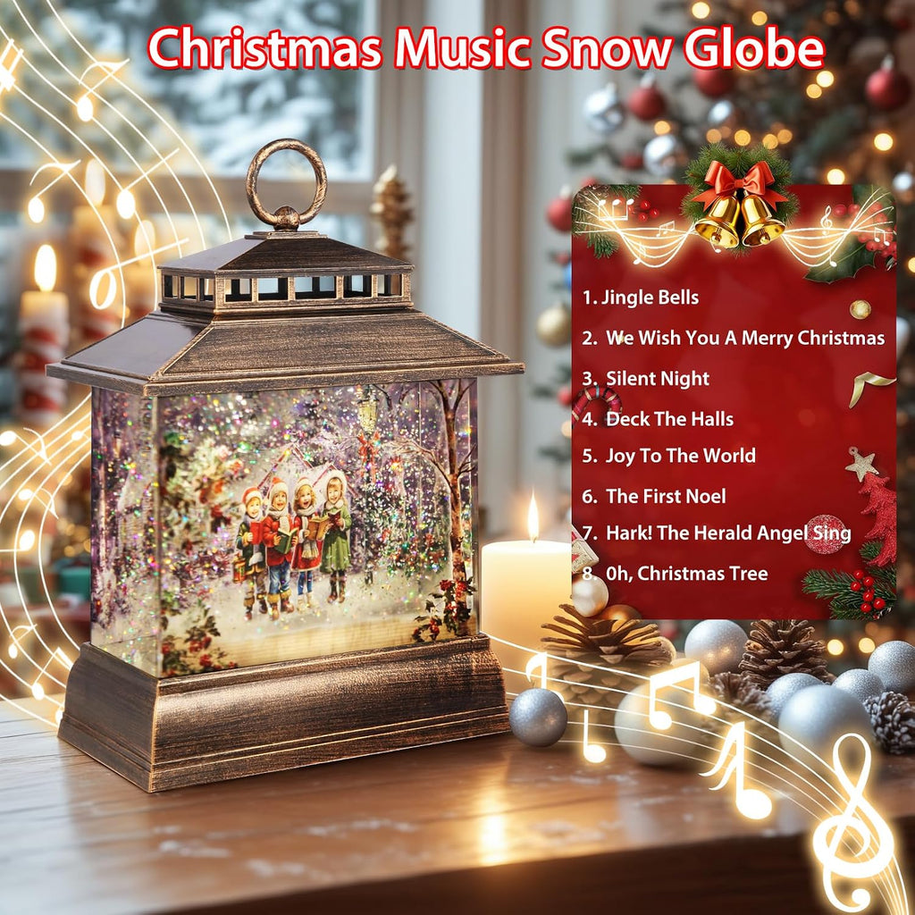 Christmas Snow Globe Lantern Water Glittering Lantern with 8 Songs & 6H Timer Romote Control Christmas Snow Globes