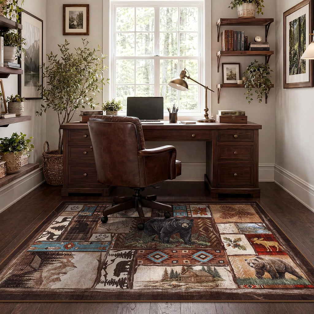 Washable Southwestern Area Rugs, Low Pile Soft Bear Rug, Non Slip Rustic Cabin Indoor Dining Room Patchwork