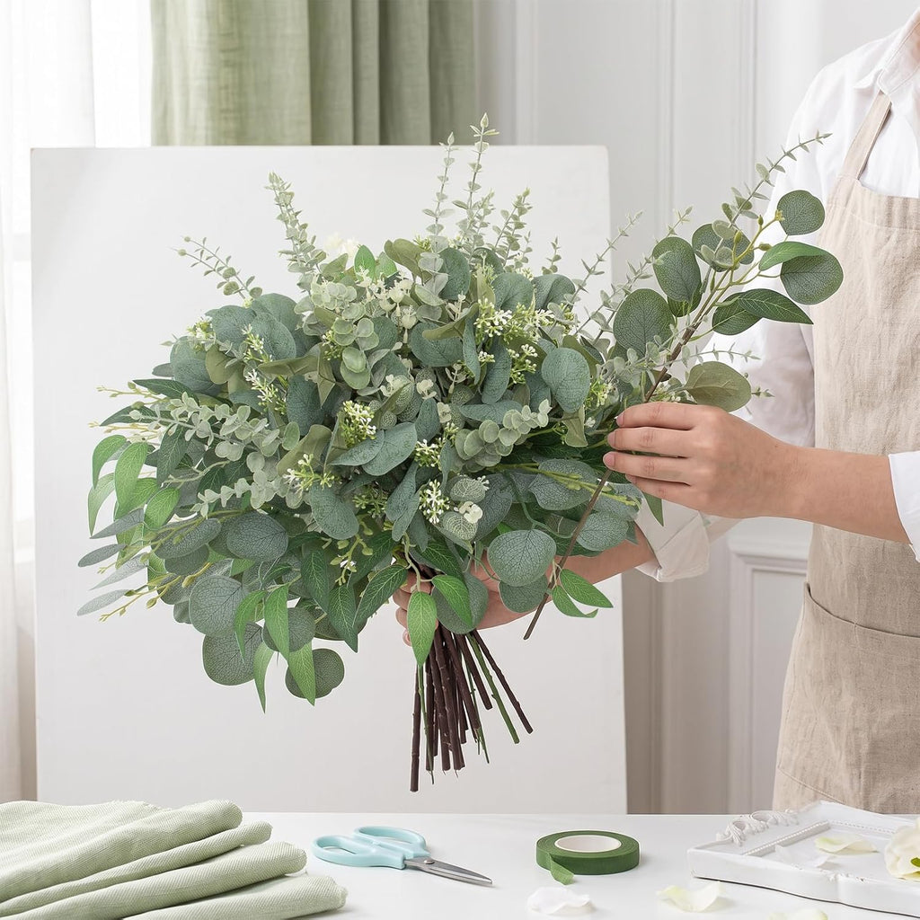 Artificial Mixed Eucalyptus Stems Bulk,5 Kinds Faux Greenery Silver Dollar Eucalyptus Leaves Picks for DIY - Set of 120