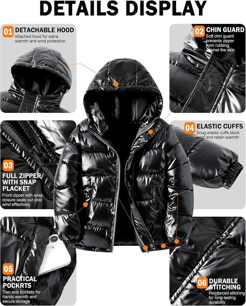 Boys Shiny Puffer Hooded Jacket Wash-Free Winter Coat