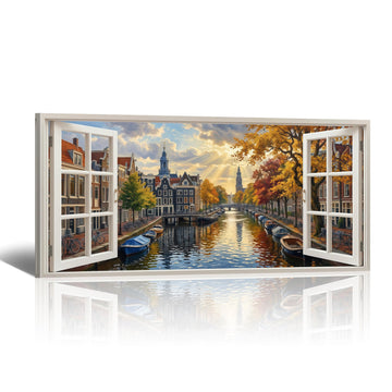 Open Window Canvas Wall - Autumn European Street with River Landscape Paintings, Modern Horizontal Canvas Prints