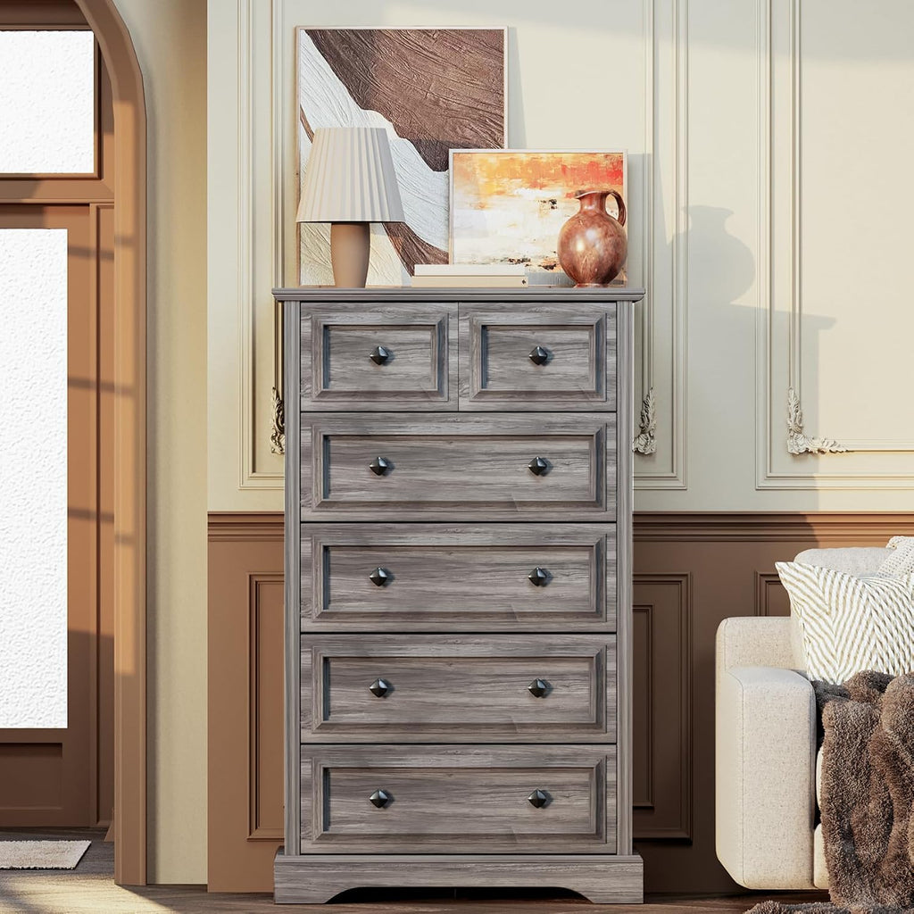Grey Dresser, 48" Tall Dresser with Natural Texture & Metal Handles, 6 Drawer Chest of Drawers , Vintage Design