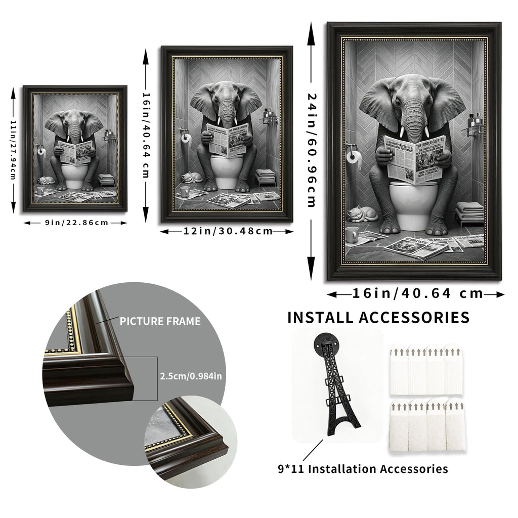 Funny Elephant Bathroom Wall Art, Black and White Animal Reading Newspaper Print art, Quirky Toilet Humor Wall decor