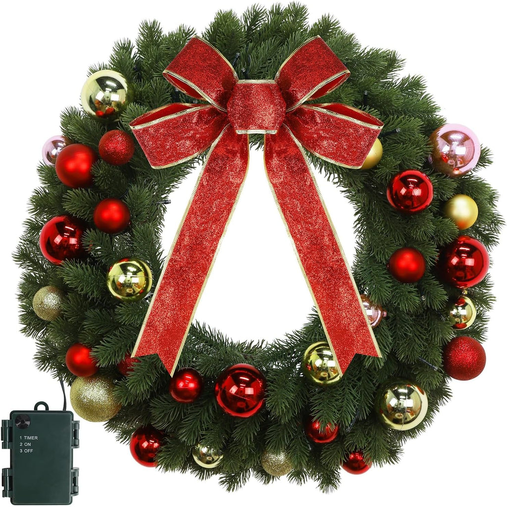 21 Inch Pre-Lit Christmas Wreath with Metal Hanger, Lighted Xmas Folded Wreath with 60 LED Lights, Red Bow