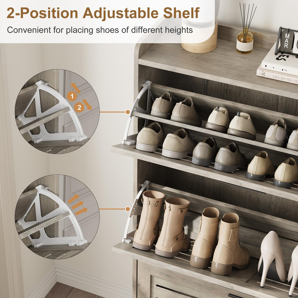 Shoe Storage Cabinet with 3 Flip Drawers, Freestanding Shoe Organizer Storage with 2 Side Hooks, Farmhouse Hidden