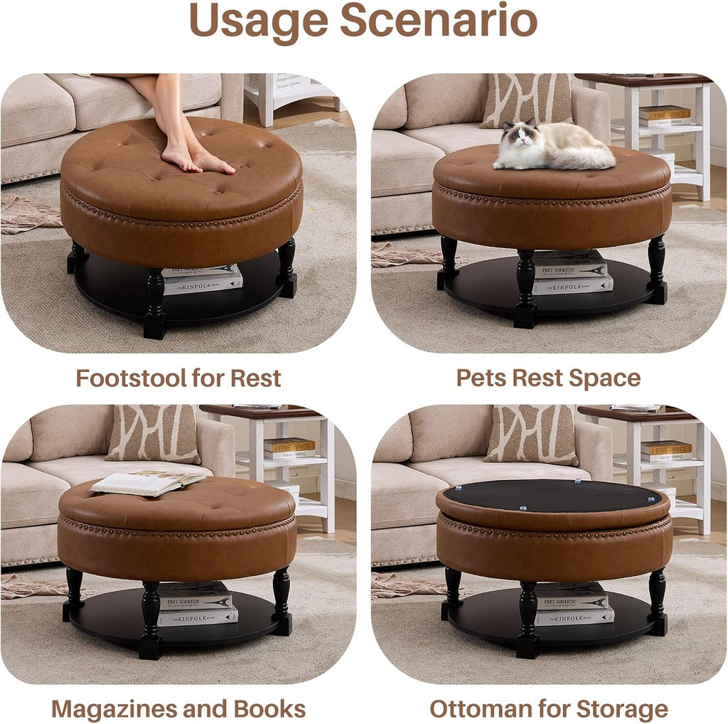 31.5 Inch Round Storage Ottoman Coffee Table with Shelf, PU Brown | Round faux leather storage ottoman coffee table