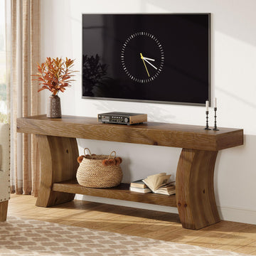 63" Solid Wood TV Stand for 55/60/65/75" TVs, Farmhouse TV Console, Low Entertainment Center with Storage (Dark Brown)