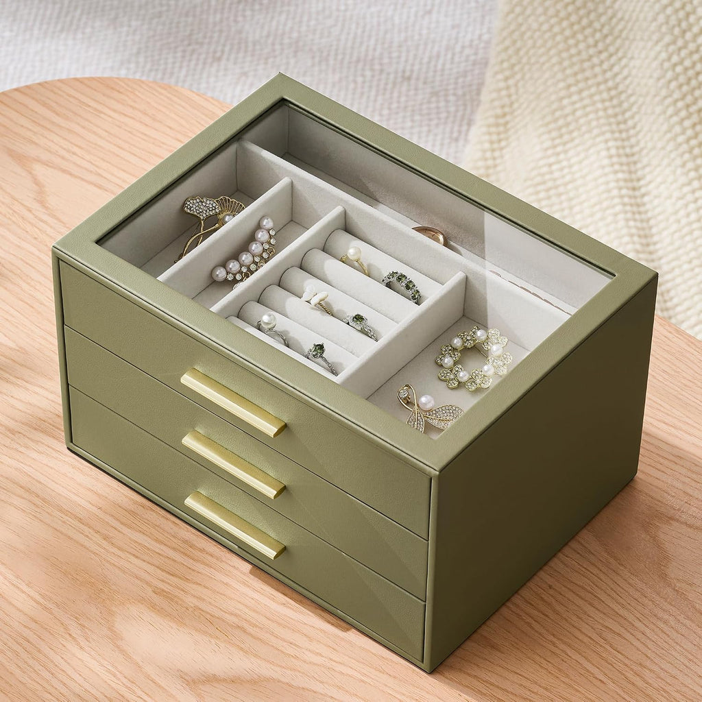 Jewelry Box Organizer Storage Case, 3-Layer with Glass Window, Green