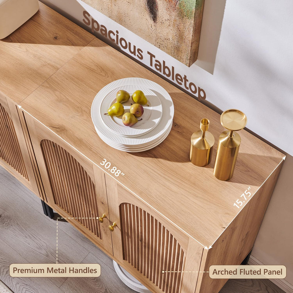 Modern Buffet Cabinet with Storage, 34" Tall Fluted Arched Sideboard Cabinet w/Adjustable Shelves