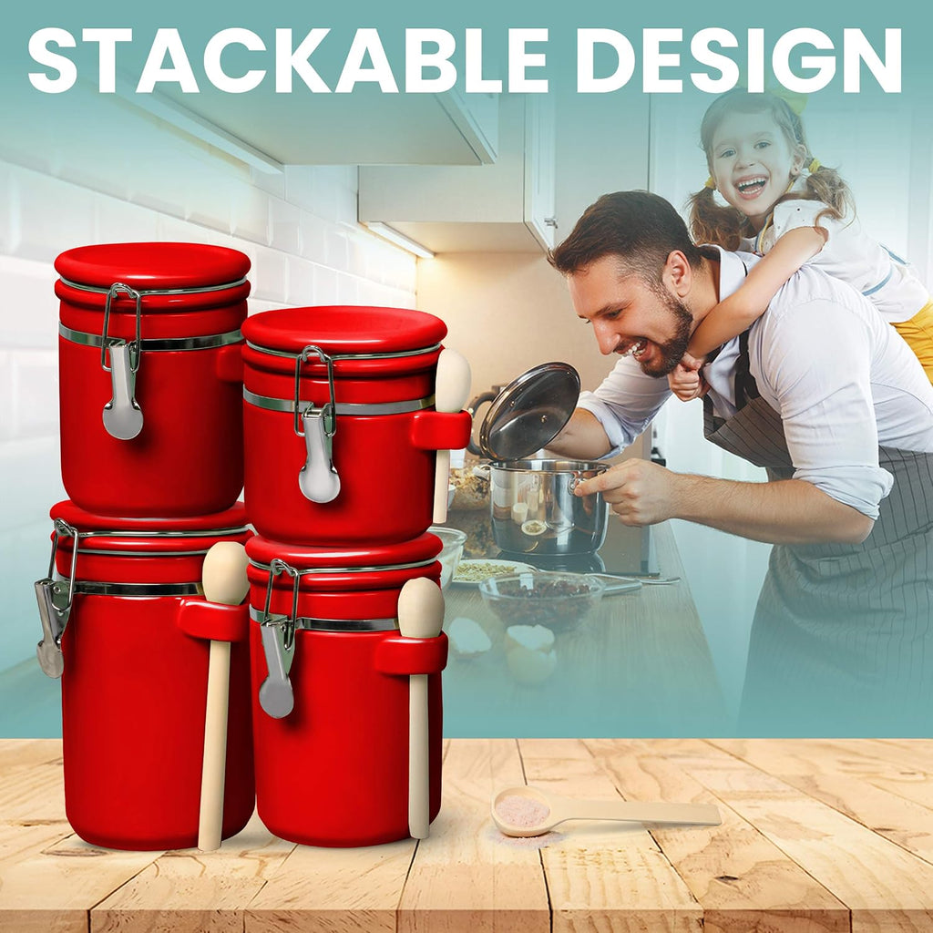 Smell Proof 4-Piece Ceramic Kitchen Canisters Set, Airtight Containers with Wooden Spoons Reusable Chalk Labels - Set of 4