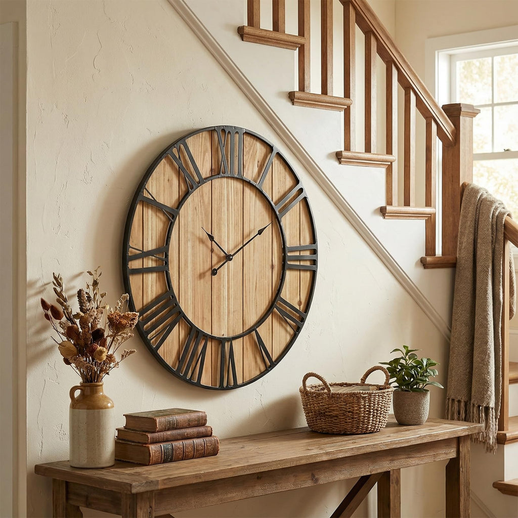 Large Farmhouse Wall Clock 30 Inch Vintage Brown Wooden Wall Clock with Quiet Ticking and Minimalist Roman Numerals