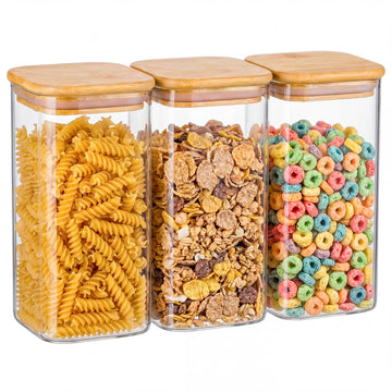 3-Pack 1.6Qt Square Glass Storage Jars with Bamboo Lids