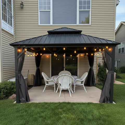 12'x12' Hardtop Gazebo with Lights Heavy-Duty Galvanized Steel Double Roof Outdoor Patio Gazebo Including Netting and