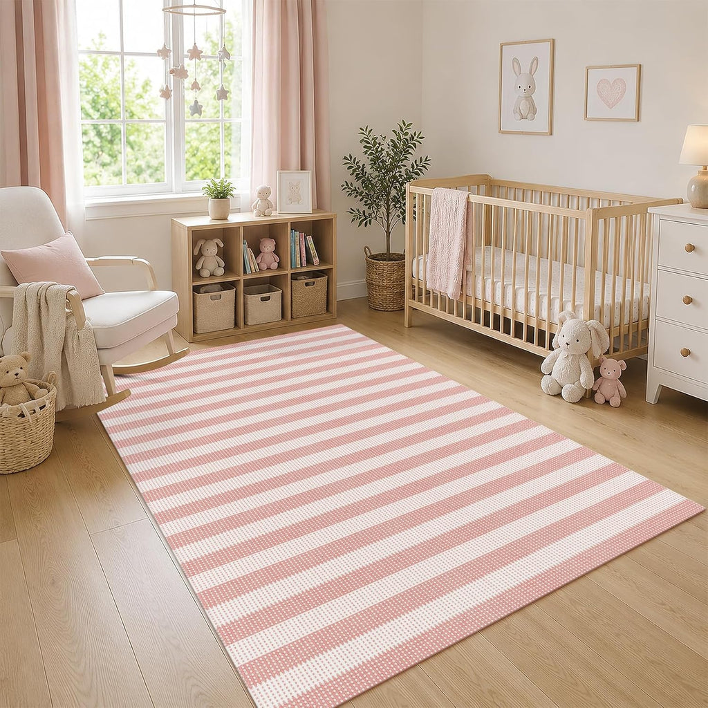 Washable Pink Woven Area Rug, Natural Striped Cotton Living Room Rugs Low Plie Non-Slip Outdoor Patio Rug, Modern