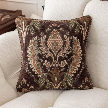 Embroidered Throw Pillow Cover 18x18 3D Chenille Baroque Damask, Brown