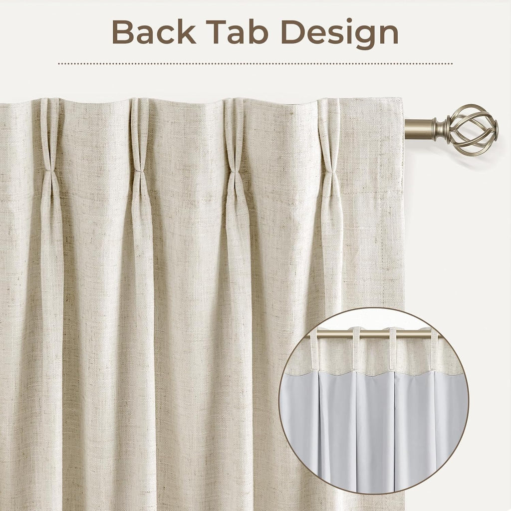 Natural Linen Pinch Pleated Curtains Blackout, 100% Black Out Curtains 96 inch Long, Blackout Thermal Insulated Pinch