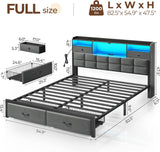 Bed Frame Full with Drawers and Charging Station, Upholstered Platform Bed with Storage Headboard and LED Light