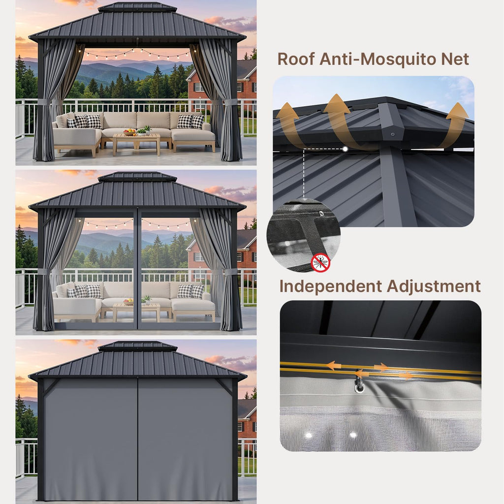 10'x12' Hardtop Gazebo, Aluminum Frame Metal Canopy with Double Roof