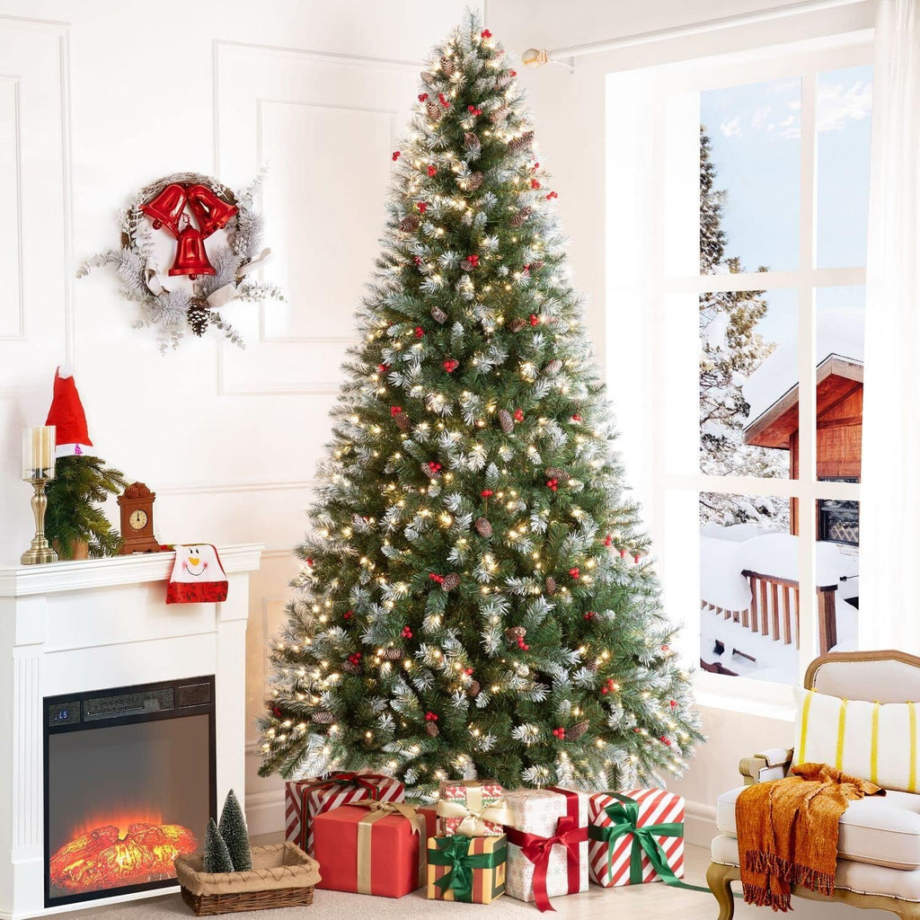 Vancouver 7.5ft Frosted Prelit Artificial Christmas Tree with Pine Cones,Faux Berries, Foot Pedal, 1346 Branch