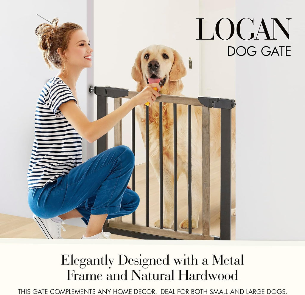 Logan Dog Gate - Indoor Pet Barrier and Wooden Dog Gate with Walk Through Swinging Door - Pressure Mounted for Walls
