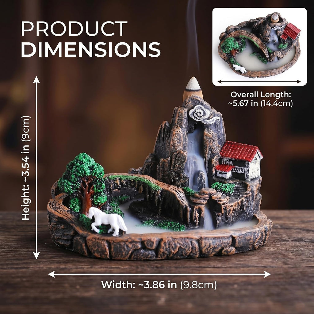 Mountain Waterfall Incense Burner, Resin Backflow Incense Holder with 60 Upgraded Incense Cones, Incense Waterfalls