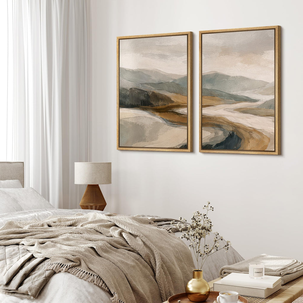Framed Canvas Print Wall Art Abstract Mountain River Landscape Earth Tone Hills Illustrations Modern Art Decorative