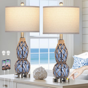 26" Coastal Glass Table Lamps Set of 2, 3-Way Dimmable Touch Lamps with USB Ports and AC Outlet, Nautical Bedside