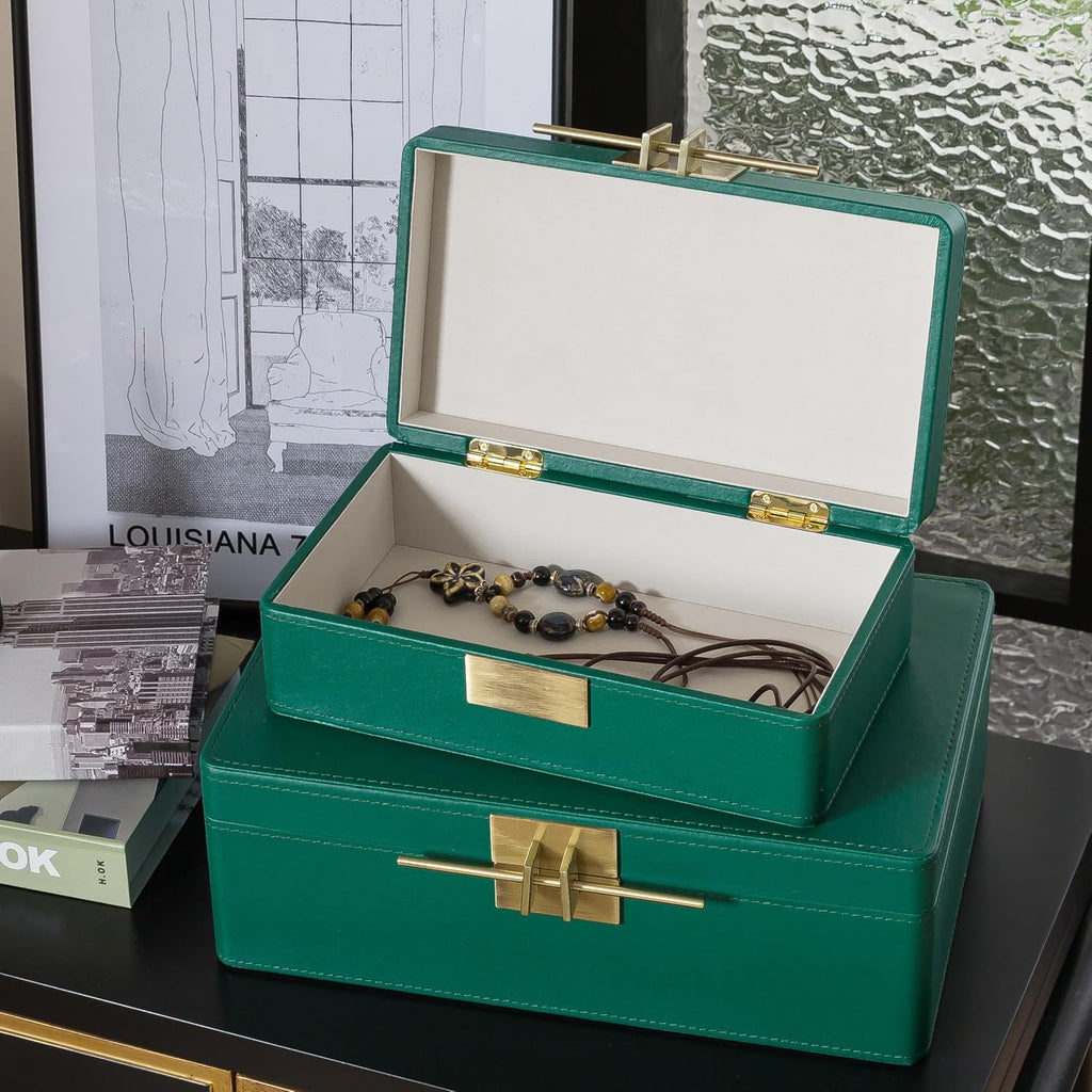 Faux Leather Boxes with Lids, Emerald Green - Set of 2