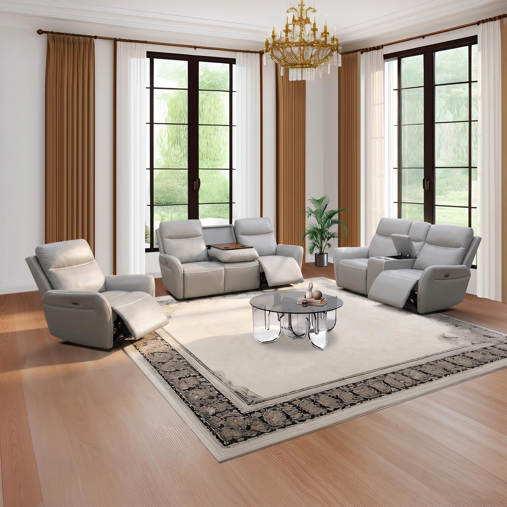 Leather Power Reclining Sectional Sofa with LED Lighting, Cup Holders and Storage, Light Grey