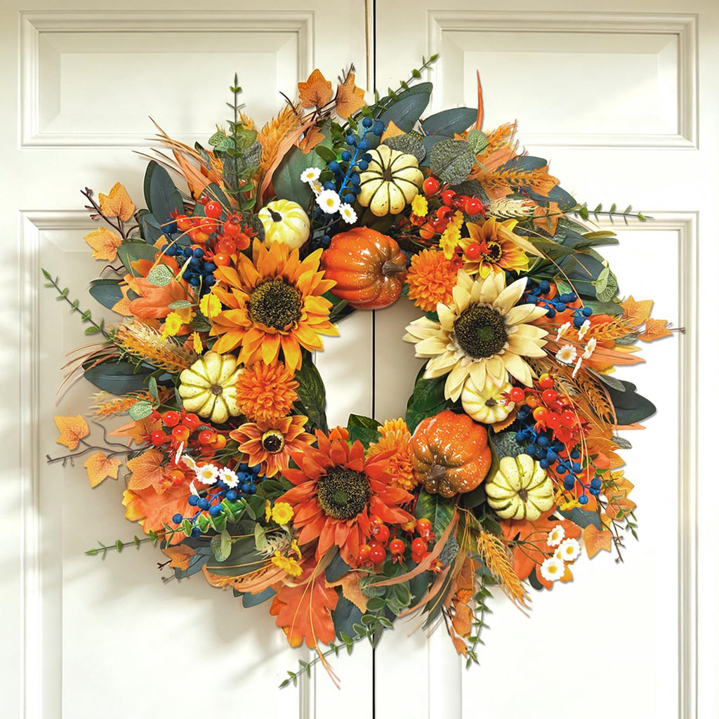 Fall Wreaths for Front Door 24", Fall Door Wreath with Sunflowers, Pumpkins