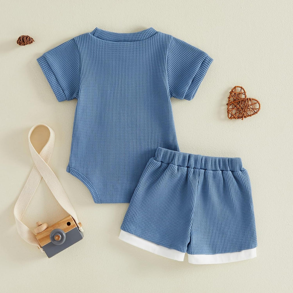 Newborn 0 3 6 9 Baby Boy Summer Clothes Tractor Romper Short Sets Waffle Knit 2 Piece Infant Outfits