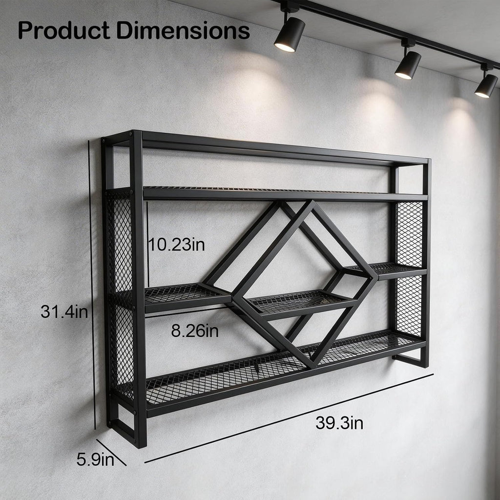 Wall Mounted Wine Rack with LED Light, 39.4in Industrial Metal Wine Bottle Display Shelf with Wine Glass Holder,Large