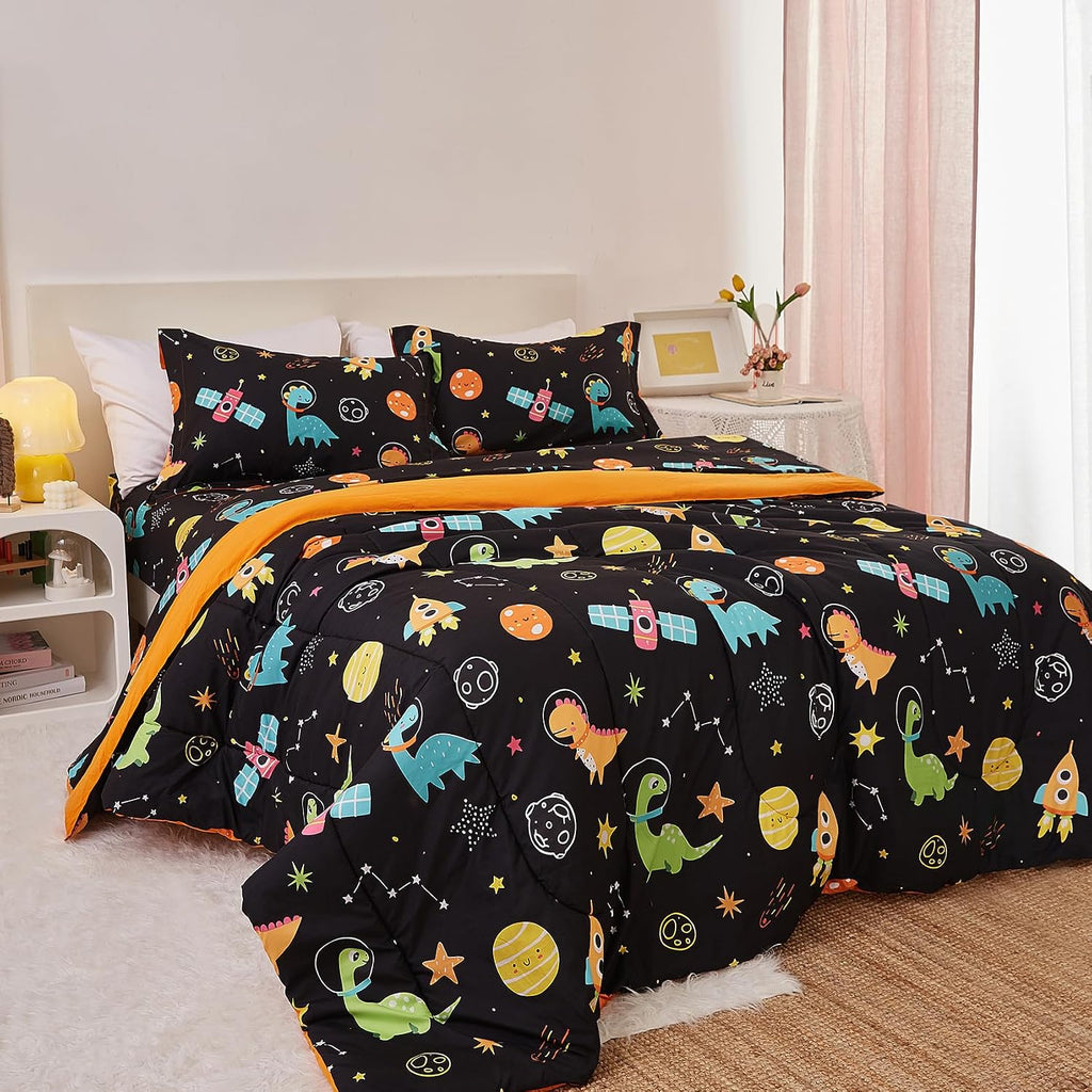 Space Dinosaur Kids Comforter Set for Boys Twin, Cute Quilted Black Printed Bedding Set with Pillow Sham, Lightweight