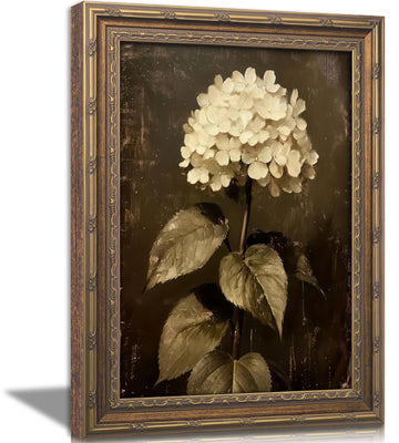 Vintage Gold Framed Floral Canvas Wall Art Retro White Hydrangea Flower Painting Picture Wall Decor Moody Botanical