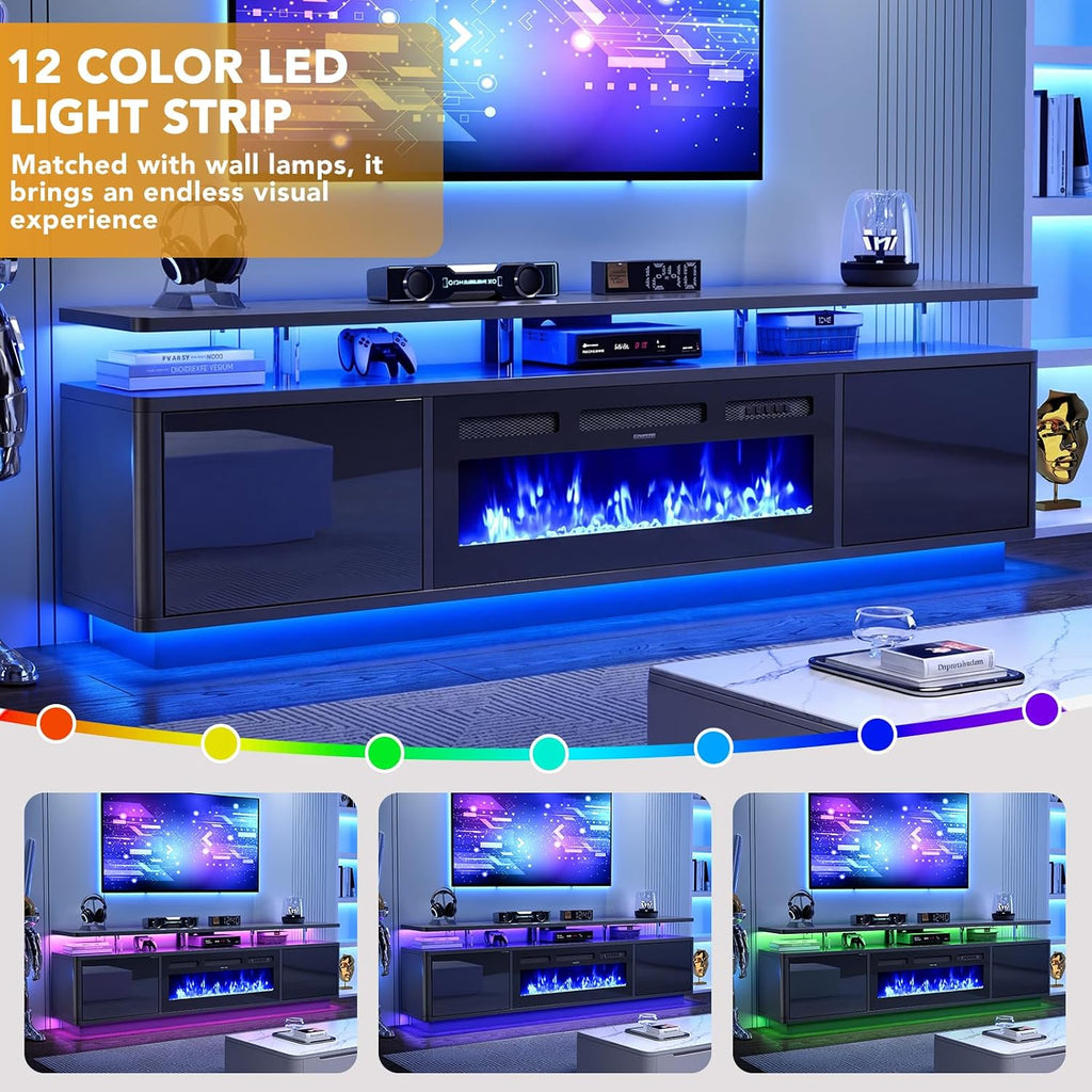 80" Fireplace TV Stand for Living Room, 36" Electric Fireplace with Adjustable Flames & Double LED Lights, Remote