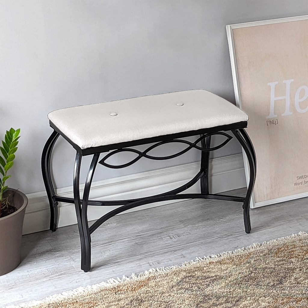 White Shoe Bench - Vanity Seat for Makeup Room, Dressing Stool, Entryway Bench - Powder Coated, Upholstered, Space