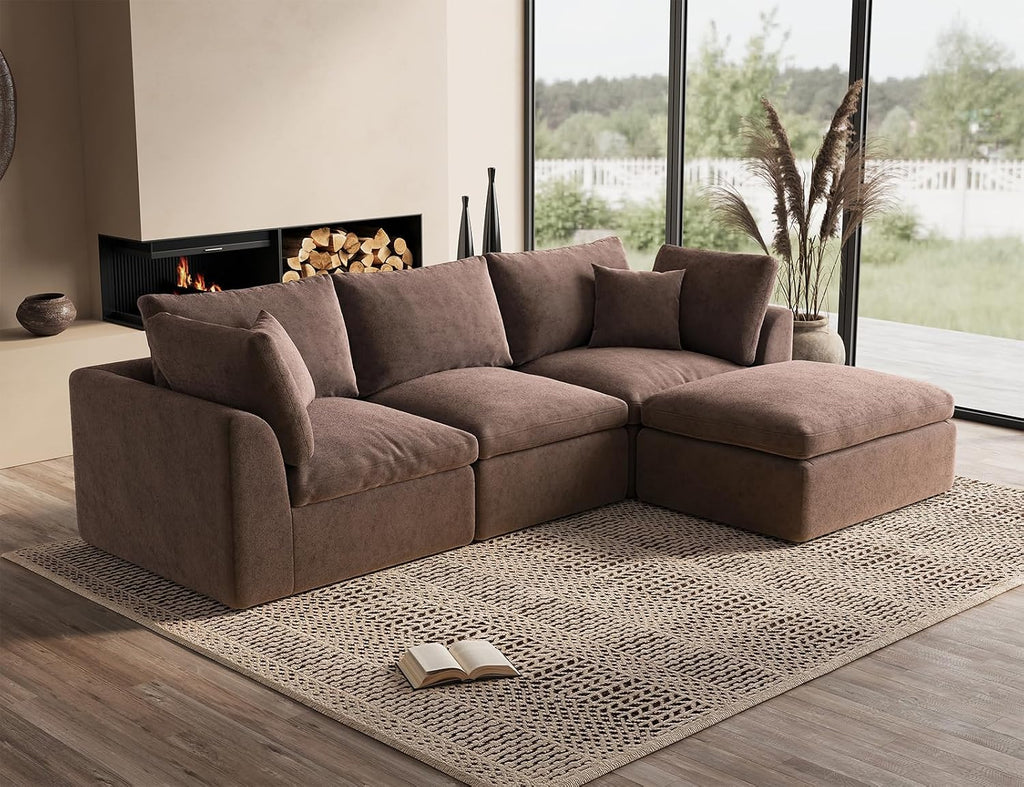 110" Cloud Sectional Couches , Boneless L-Shape Couch with Ottoman, 3 Seater Modular Sectional Sofa, Brown