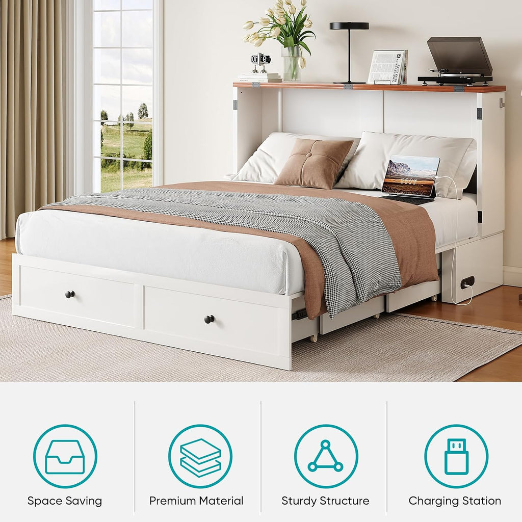 63.4" W Murphy Bed with Tri-Folding Mattress, Queen Murphy Bed with Built-in Charging Station, Queen Murphy Cabinet